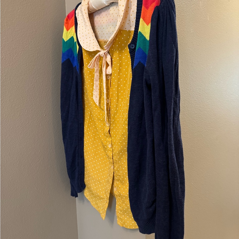 Modcloth Navy Cardigan with Rainbow Accents and Yellow Blouse